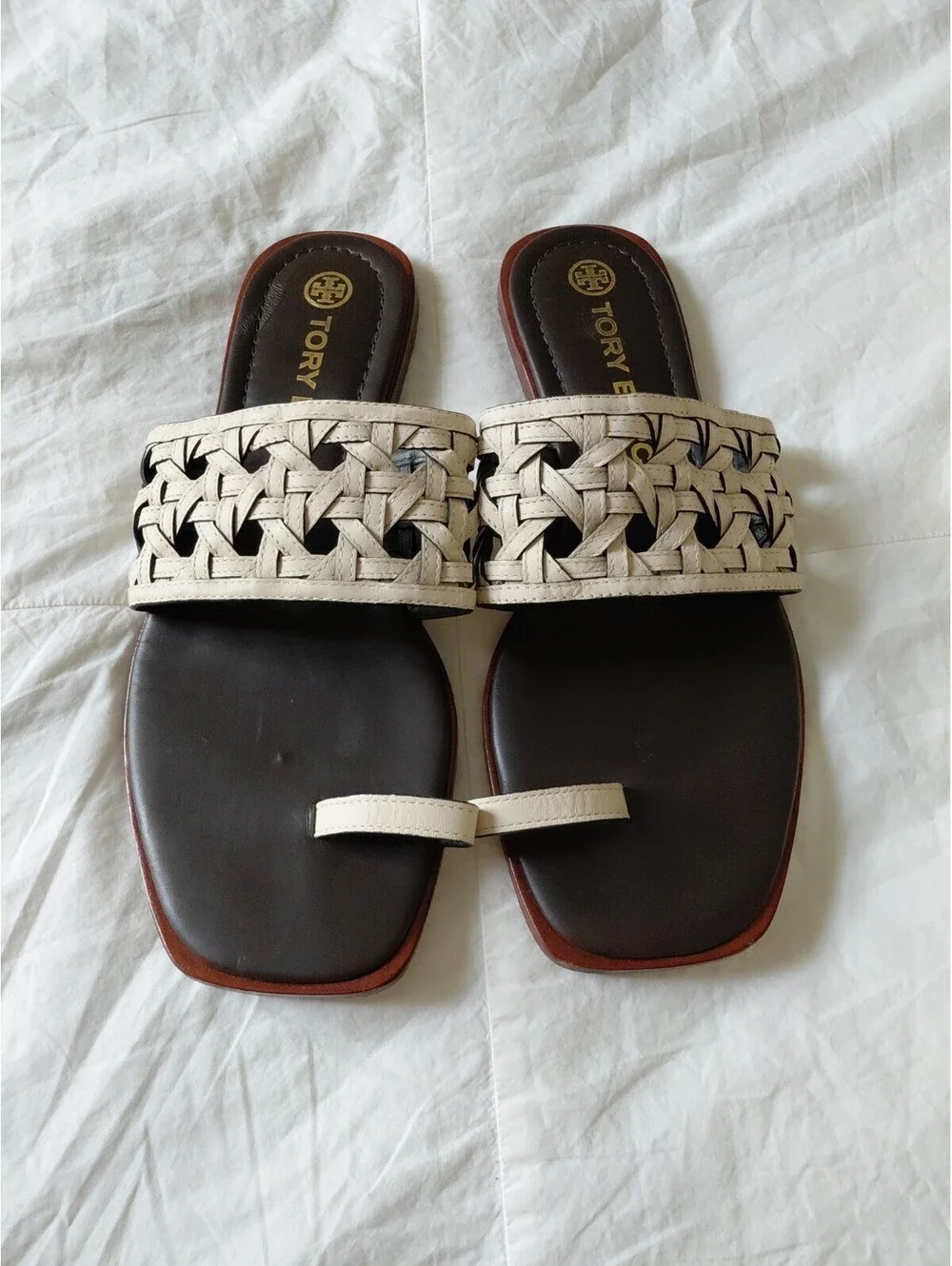 Tory Burch Cream and Brown Woven Thong Slides Size 8.5 EUC #753